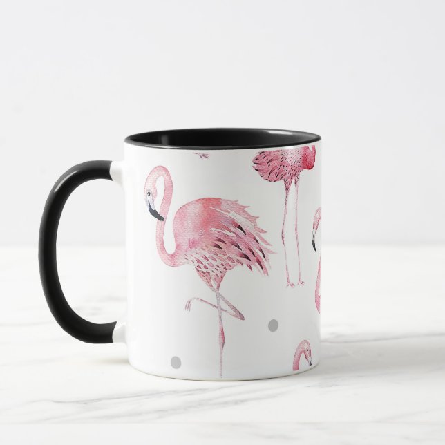 Taza Patrón Chic de Flamencos Rosas y Lunares Grises (Izquierda)