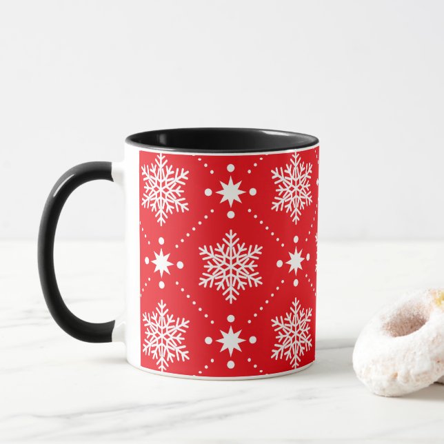 Taza Patrón clásico de Navidades de copos de nieve rojo (Con donut)