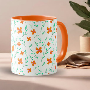 Taza Patrón de acuarela de flores y ramitas naranjas