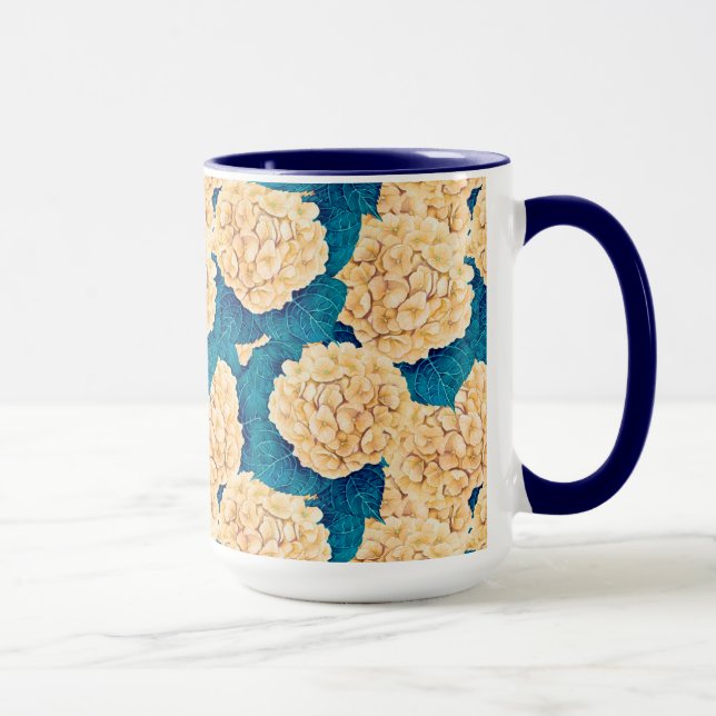Taza Patrón de acuarela de hidrangea, amarillo y azul (Derecha)