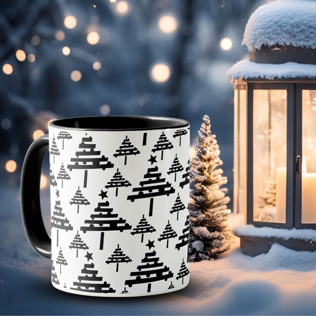 Taza Patrón de árbol de Navidad blanco negro moderno (Subido por el creador)