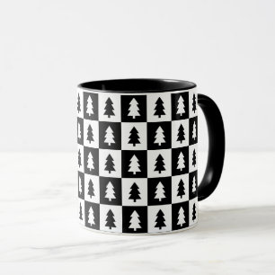 Taza Patrón de árbol de Navidad blanco y negro