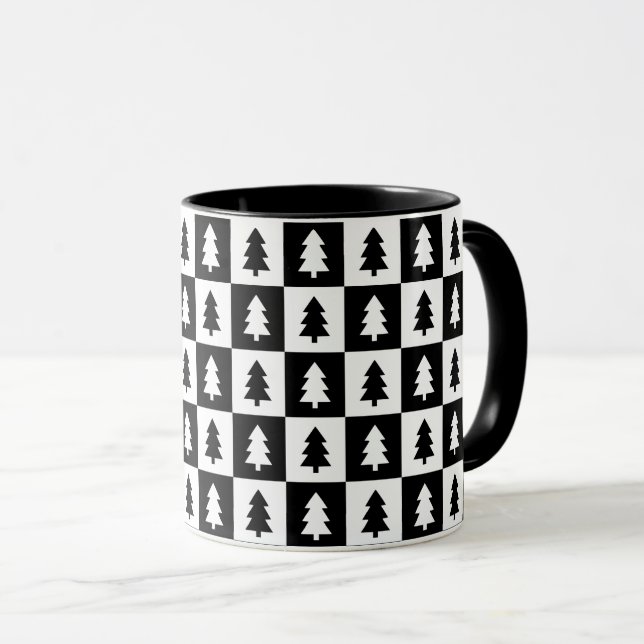 Taza Patrón de árbol de Navidad blanco y negro (Anverso derecho)