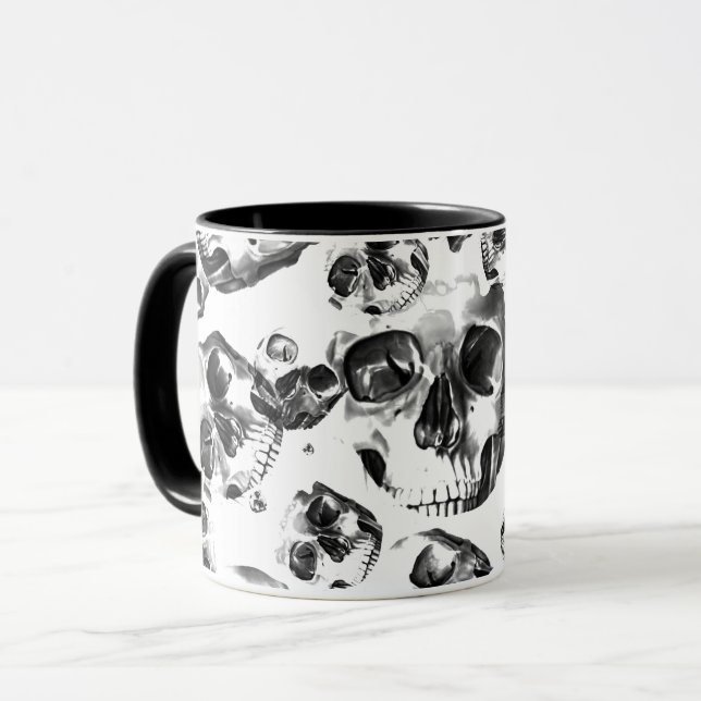 Taza Patrón de arte de cráneo de esqueletos blancos y n (Anverso izquierdo)