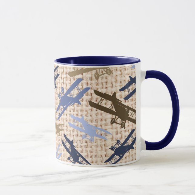 Taza Patrón de avión de impresión de Burlap de Biplane  (Derecha)