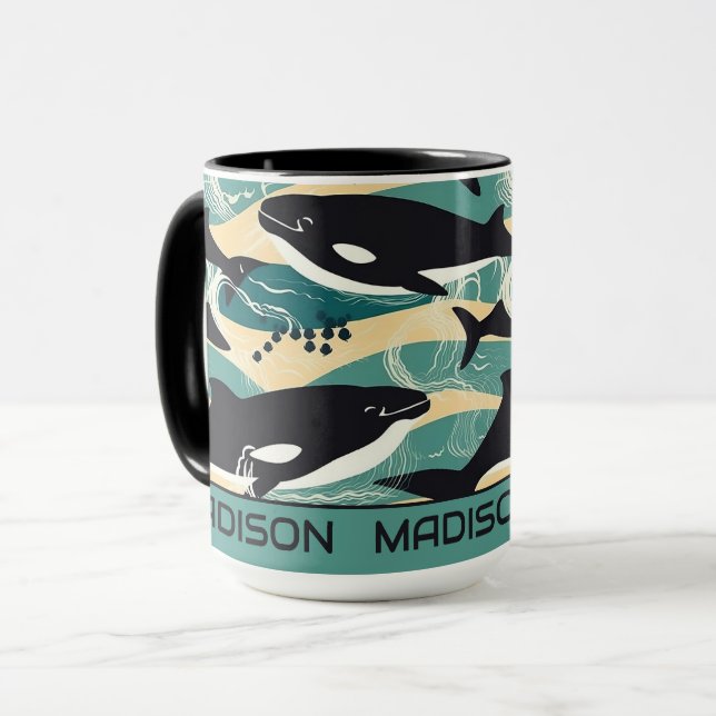 Taza Patrón de ballenas de nombre personalizado (Anverso izquierdo)