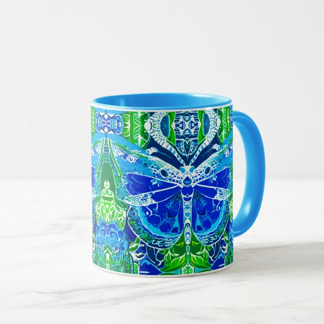 Taza Patrón de batik de mariposa y medallón en azul (Anverso derecho)