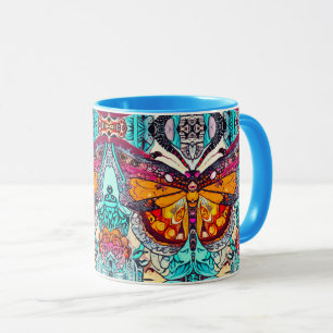Taza Patrón de batik de mariposa y medallón en Naranja