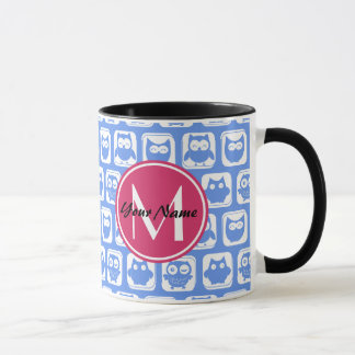 Taza Patrón de búho azul Personalizado rosado Monograma