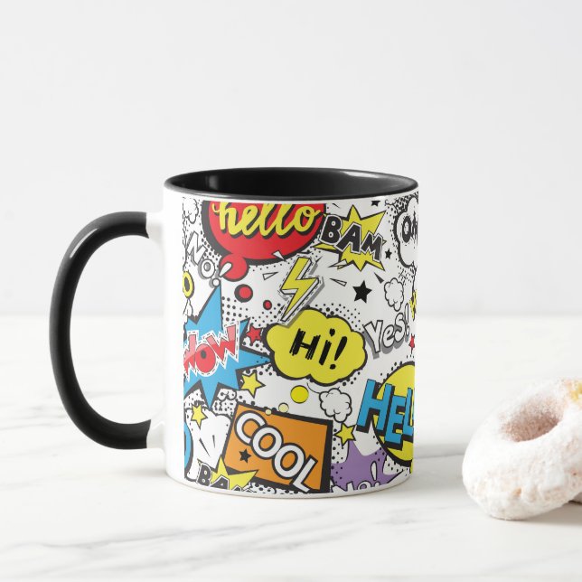 Taza Patrón de Burbuja de Diálogo de Arte Pop de Cómic  (Con donut)