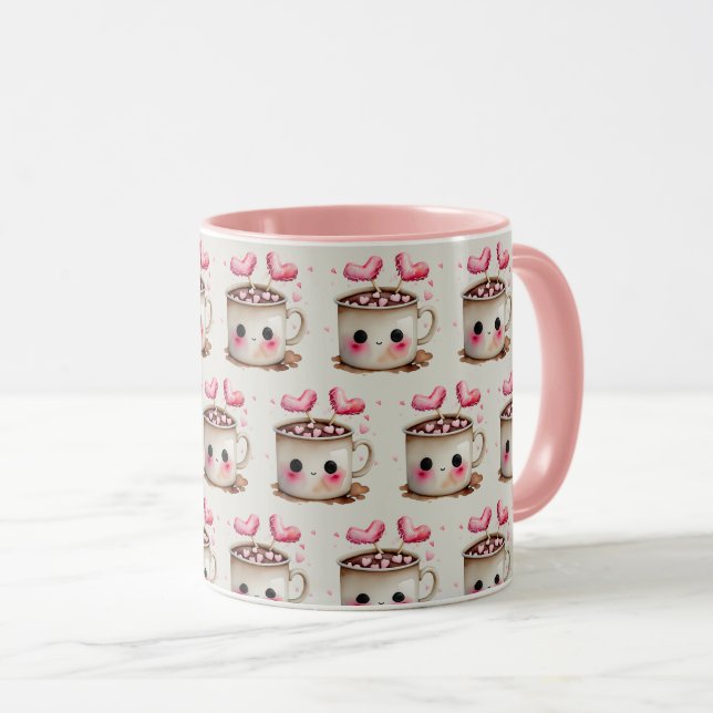 Taza Patrón de cacao caliente rosa y crema (Anverso derecho)