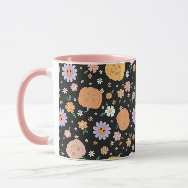 Taza Patrón de calabazas y flores de Halloween retro (Izquierda)