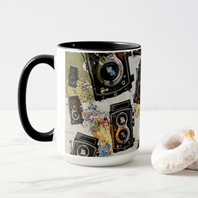 Taza Patrón de cámara de viaje de vintage (Con donut)
