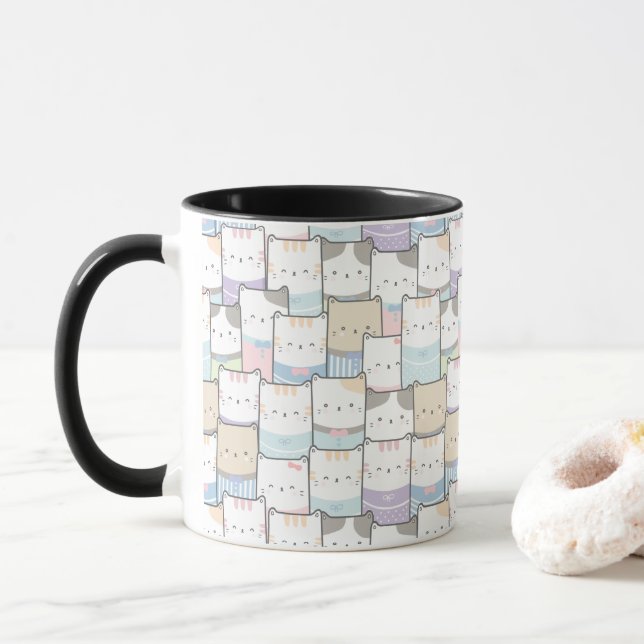Taza Patrón de caras de gatito de Doodle (Con donut)