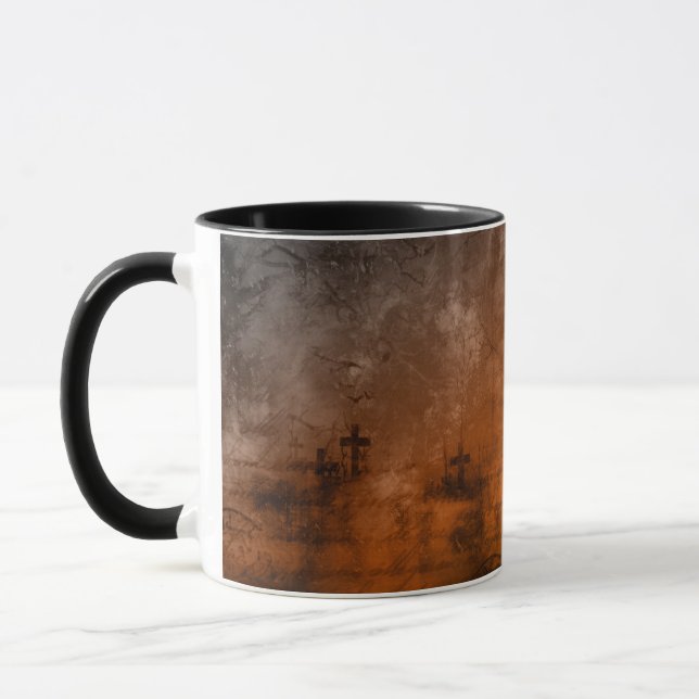Taza Patrón de Cementerio Gris y Negro Marrón Halloween (Izquierda)