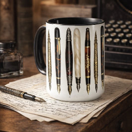 Taza Patrón de Collage de Plumas Estilográficas Antigua