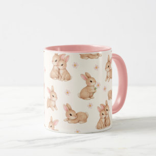 Taza Patrón de conejitos y flores en acuarela dulce 