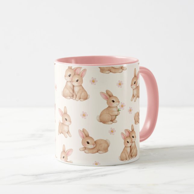 Taza Patrón de conejitos y flores en acuarela dulce  (Anverso derecho)