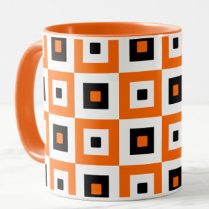 Taza Patrón de Cuadrados a Cuadros Naranja Negro Blanco