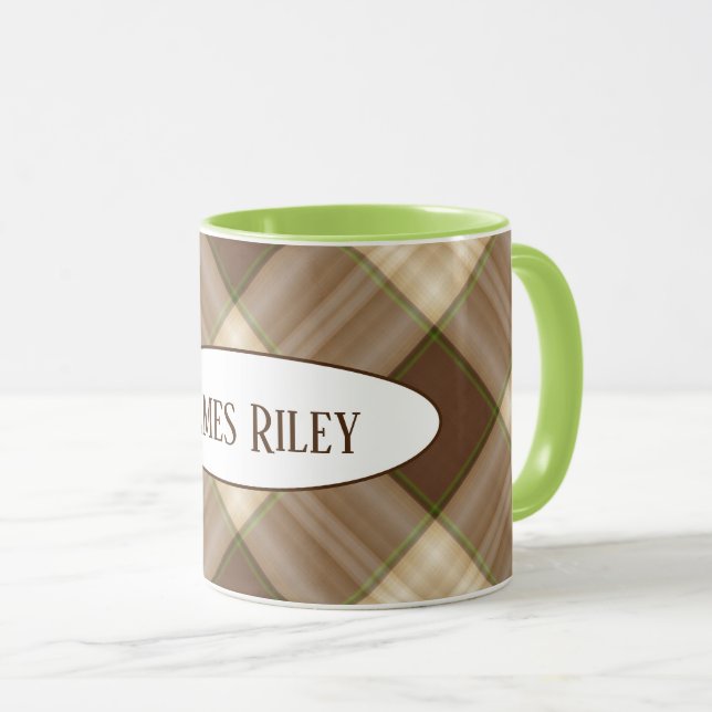 Taza patrón de cuadros marrones con nombre (Anverso derecho)
