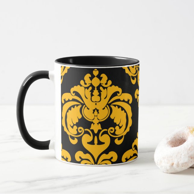 Taza Patrón de Damasco de Moda elegante amarillo y negr (Con donut)