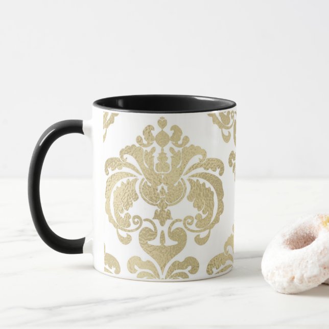 Taza Patrón de Damasco de Moda elegante dorado y blanco (Con donut)