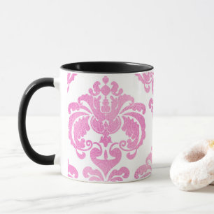 Taza Patrón de Damasco de Moda elegante rosa y blanco b