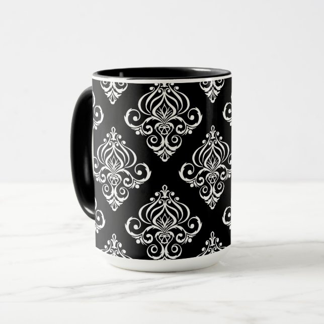 Taza Patrón de damasco negro y blanco personalizado (Anverso izquierdo)