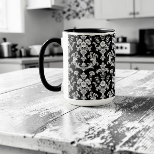 Taza Patrón de damasco victoriano en blanco y negro