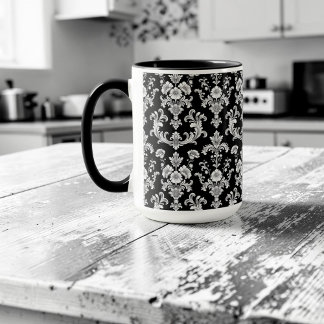 Taza Patrón de damasco victoriano en blanco y negro