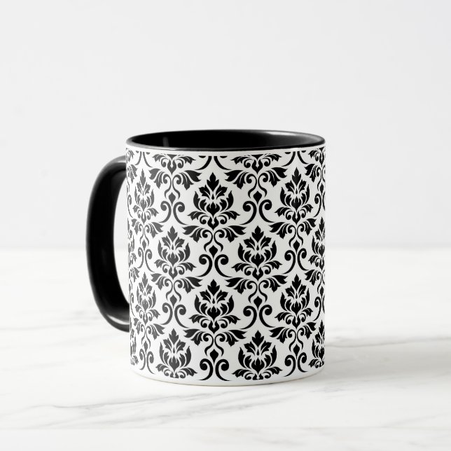 Taza Patrón de Damask de Feuille negro en blanco (Anverso izquierdo)