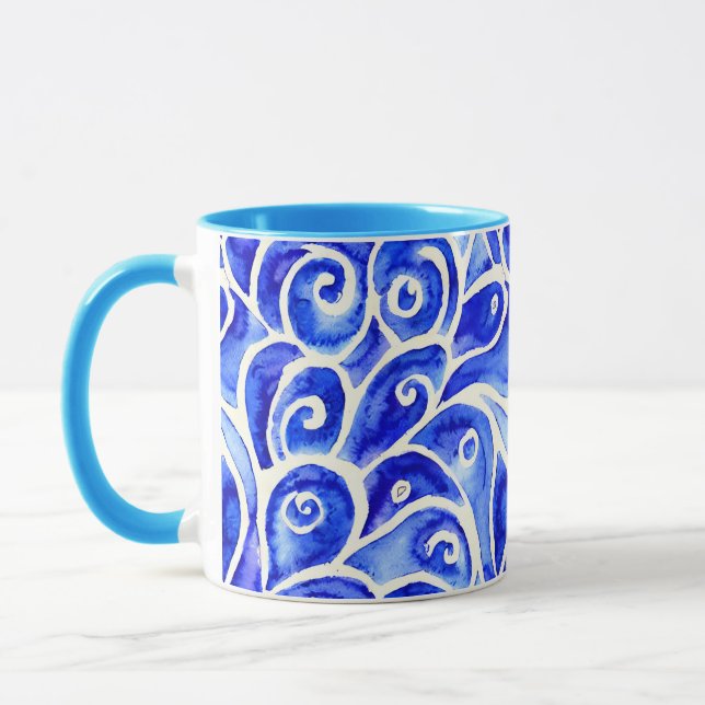 Taza Patrón de diseño curvo de resumen azul y blanco (Izquierda)