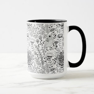Taza Patrón de doodle de aves y flores