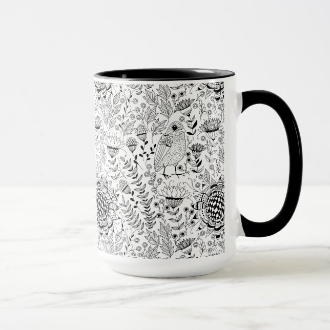 Taza Patrón de doodle de aves y flores (Derecha)