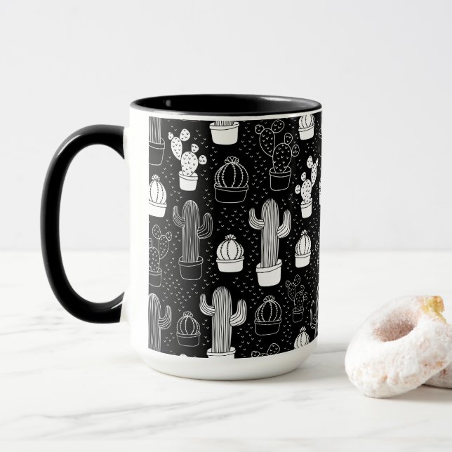 Taza Patrón de doodle de cactus en blanco y negro (Con donut)