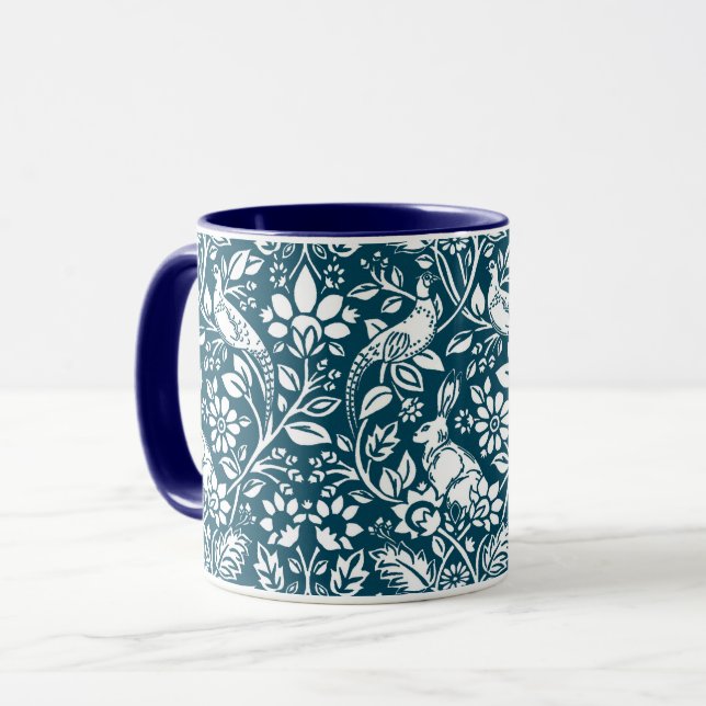 Taza Patrón de faisán y liebre, azul índigo y blanco (Anverso izquierdo)