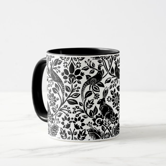 Taza Patrón de faisán y liebre, blanco y negro (Anverso izquierdo)