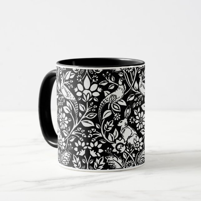 Taza Patrón de faisán y liebre, blanco y negro (Anverso izquierdo)