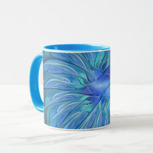 Taza Patrón de fantasía de flor azul, arte fractal abst