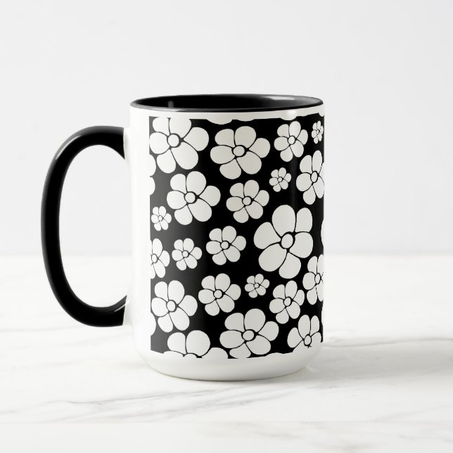 Taza Patrón de flor retro en blanco sobre negro (Izquierda)