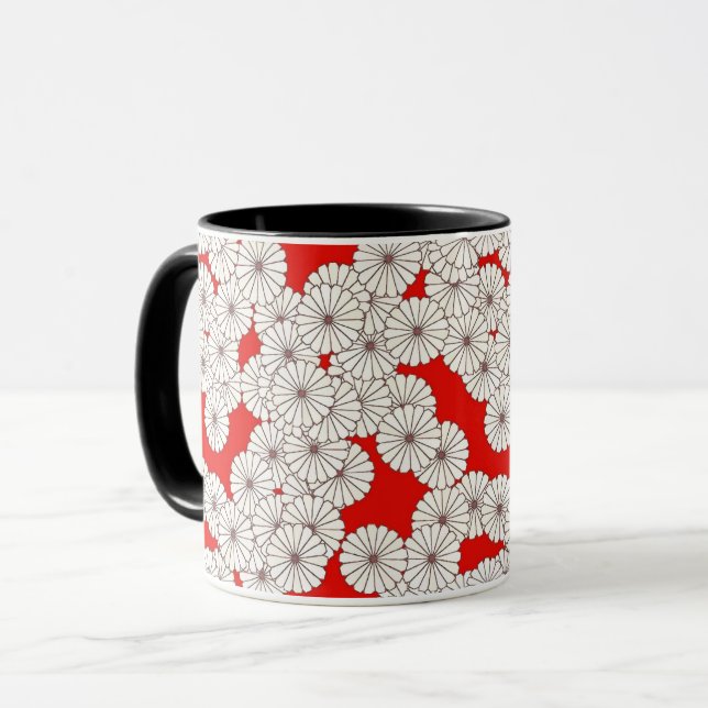 Taza Patrón de flores Art Deco - blanco sobre rojo (Anverso izquierdo)