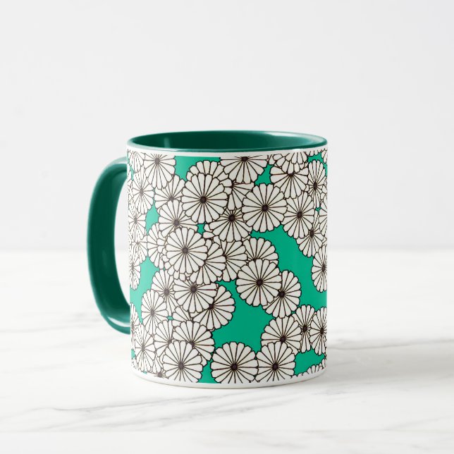Taza Patrón de flores Art Deco - blanco sobre turquesa (Anverso izquierdo)