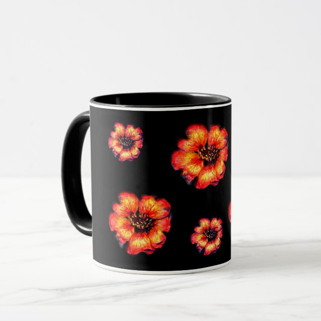 Taza Patrón de flores de cartón sobre negro (Anverso izquierdo)