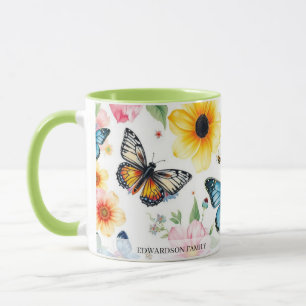 Taza patrón de flores de jardín de acuarela nombre de f