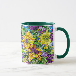 Taza Patrón de flores del Jardín Verde Azul Amarillo Li