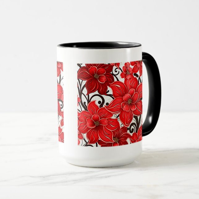 Taza Patrón de flores rojas Mug combinado, 15 oz (Anverso derecho)