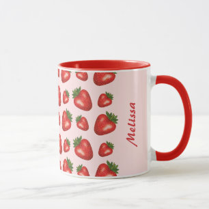 Taza Patrón de Fresa Roja en Rosa con Nombre Personaliz