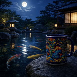 Taza Patrón de friso de pez Koi y flores Art Nouveau