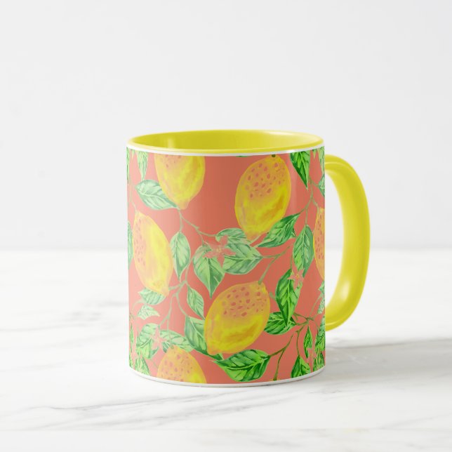 Taza Patrón de fruta de limón amarillo y rosa melocotón (Anverso derecho)