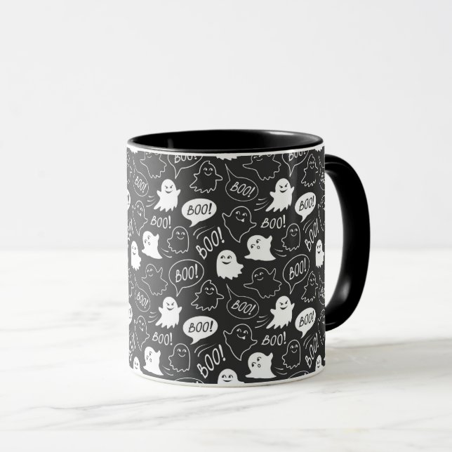 Taza Patrón de Halloween de Doodle Cute de B&W (Anverso derecho)